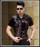 Men Club Party 2019 New DJ Prom Shirt Short Sleeve Chemise Homme Transparent Flower Velvet Shirt Men See Through Lace Shirt
