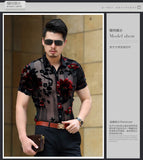 Men Club Party 2019 New DJ Prom Shirt Short Sleeve Chemise Homme Transparent Flower Velvet Shirt Men See Through Lace Shirt