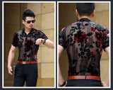 Men Club Party 2019 New DJ Prom Shirt Short Sleeve Chemise Homme Transparent Flower Velvet Shirt Men See Through Lace Shirt