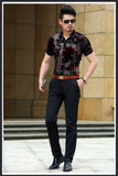 Men Club Party 2019 New DJ Prom Shirt Short Sleeve Chemise Homme Transparent Flower Velvet Shirt Men See Through Lace Shirt