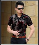 Men Club Party 2019 New DJ Prom Shirt Short Sleeve Chemise Homme Transparent Flower Velvet Shirt Men See Through Lace Shirt