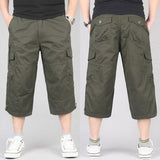 Summer Men's Casual Cotton Cargo Shorts Overalls Long Length Multi Pocket Hot breeches Military Capri Pants Male Cropped Pants