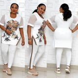 New African Clothes For Women Two Piece Sets Long Tops Skinny Pants Matching Set Mesh Patchwork Tracksuit Set Plus Size 4XL 3XL