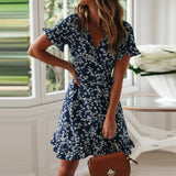 Aachoae Women Dresses Summer 2021 Sexy V Neck Floral Print Boho Beach Dress Ruffle Short Sleeve A Line Mini Dress Sundress Robe