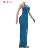 Cryptographic Crochet Beach Maxi Dress for Women See Through Sexy Plunge Backless Bandage Sleeveless Lacing Split Long Dresses