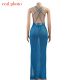Cryptographic Crochet Beach Maxi Dress for Women See Through Sexy Plunge Backless Bandage Sleeveless Lacing Split Long Dresses