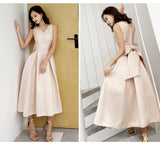 KAUNISSINA Champagne Cocktail Dresses Party Dress Midi Elegant Stand Collar Bowknot Sleevesless A-Line Prom Dress Vestido