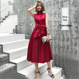 KAUNISSINA Champagne Cocktail Dresses Party Dress Midi Elegant Stand Collar Bowknot Sleevesless A-Line Prom Dress Vestido