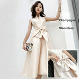 KAUNISSINA Champagne Cocktail Dresses Party Dress Midi Elegant Stand Collar Bowknot Sleevesless A-Line Prom Dress Vestido