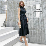 KAUNISSINA Champagne Cocktail Dresses Party Dress Midi Elegant Stand Collar Bowknot Sleevesless A-Line Prom Dress Vestido