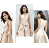 KAUNISSINA Champagne Cocktail Dresses Party Dress Midi Elegant Stand Collar Bowknot Sleevesless A-Line Prom Dress Vestido