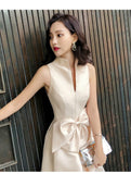 KAUNISSINA Champagne Cocktail Dresses Party Dress Midi Elegant Stand Collar Bowknot Sleevesless A-Line Prom Dress Vestido