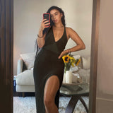 Cryptographic Crochet Beach Maxi Dress for Women See Through Sexy Plunge Backless Bandage Sleeveless Lacing Split Long Dresses
