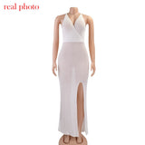 Cryptographic Crochet Beach Maxi Dress for Women See Through Sexy Plunge Backless Bandage Sleeveless Lacing Split Long Dresses