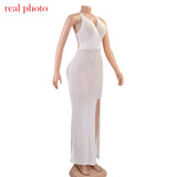 Cryptographic Crochet Beach Maxi Dress for Women See Through Sexy Plunge Backless Bandage Sleeveless Lacing Split Long Dresses