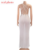 Cryptographic Crochet Beach Maxi Dress for Women See Through Sexy Plunge Backless Bandage Sleeveless Lacing Split Long Dresses