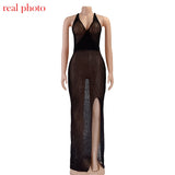 Cryptographic Crochet Beach Maxi Dress for Women See Through Sexy Plunge Backless Bandage Sleeveless Lacing Split Long Dresses