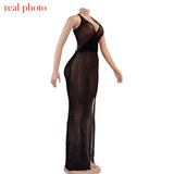 Cryptographic Crochet Beach Maxi Dress for Women See Through Sexy Plunge Backless Bandage Sleeveless Lacing Split Long Dresses