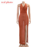 Cryptographic Crochet Beach Maxi Dress for Women See Through Sexy Plunge Backless Bandage Sleeveless Lacing Split Long Dresses