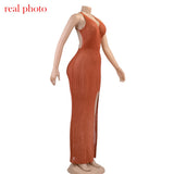 Cryptographic Crochet Beach Maxi Dress for Women See Through Sexy Plunge Backless Bandage Sleeveless Lacing Split Long Dresses