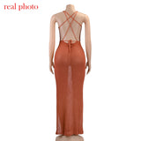 Cryptographic Crochet Beach Maxi Dress for Women See Through Sexy Plunge Backless Bandage Sleeveless Lacing Split Long Dresses