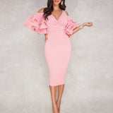 Cocktail Dresses Women Sexy Ruffles Party Yellow Hollow Out Robe Femme Solid Color Back Split Vestidos Cocktail Dress Summer