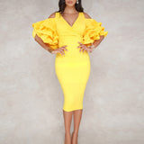 Cocktail Dresses Women Sexy Ruffles Party Yellow Hollow Out Robe Femme Solid Color Back Split Vestidos Cocktail Dress Summer