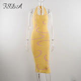 FSDA 2021 Knitted Bodycon Dress Women Y2K Halter Neck Summer Yellow Sleeveless Midi Backless Party Sexy Dresses Beach