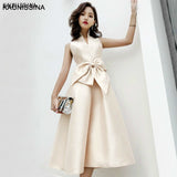 KAUNISSINA Champagne Cocktail Dresses Party Dress Midi Elegant Stand Collar Bowknot Sleevesless A-Line Prom Dress Vestido