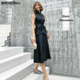 KAUNISSINA Champagne Cocktail Dresses Party Dress Midi Elegant Stand Collar Bowknot Sleevesless A-Line Prom Dress Vestido