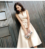 KAUNISSINA Champagne Cocktail Dresses Party Dress Midi Elegant Stand Collar Bowknot Sleevesless A-Line Prom Dress Vestido