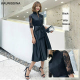 KAUNISSINA Champagne Cocktail Dresses Party Dress Midi Elegant Stand Collar Bowknot Sleevesless A-Line Prom Dress Vestido
