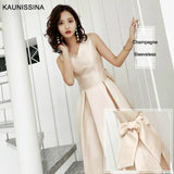 KAUNISSINA Champagne Cocktail Dresses Party Dress Midi Elegant Stand Collar Bowknot Sleevesless A-Line Prom Dress Vestido