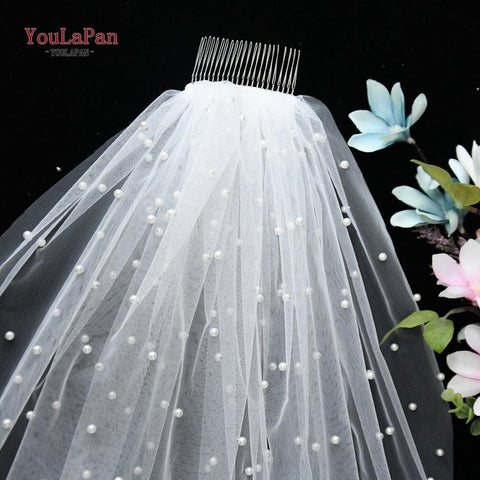 YouLaPan V05 Luxury Bridal Tulle Bridal Veil Pearl Wedding Veil with Hair Comb 1 Tier Short Wedding Veil Cathedral Wedding Veil