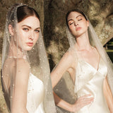 YouLaPan V05 Luxury Bridal Tulle Bridal Veil Pearl Wedding Veil with Hair Comb 1 Tier Short Wedding Veil Cathedral Wedding Veil