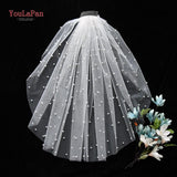 YouLaPan V05 Luxury Bridal Tulle Bridal Veil Pearl Wedding Veil with Hair Comb 1 Tier Short Wedding Veil Cathedral Wedding Veil