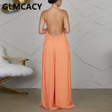 Women Chiffon Halter Backless Jumpsuits Loose Style Long Overalls Elegant Party Club Jumpsuit