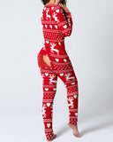 Sexy Women Christmas Cutout Functional Buttoned Flap Adults Pajamas Club Button Design Plunge Lounge Jumpsuit
