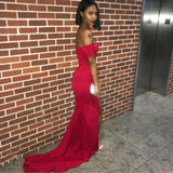 Sexy Black Red Off Shoulder Bridesmaid Dress Tight Packet Hips Slash Neck High Split Wedding Dress Backless Zipper Stretch Dress