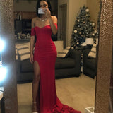 Sexy Black Red Off Shoulder Bridesmaid Dress Tight Packet Hips Slash Neck High Split Wedding Dress Backless Zipper Stretch Dress