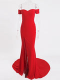 Sexy Black Red Off Shoulder Bridesmaid Dress Tight Packet Hips Slash Neck High Split Wedding Dress Backless Zipper Stretch Dress