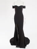 Sexy Black Red Off Shoulder Bridesmaid Dress Tight Packet Hips Slash Neck High Split Wedding Dress Backless Zipper Stretch Dress