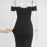 Sexy Black Red Off Shoulder Bridesmaid Dress Tight Packet Hips Slash Neck High Split Wedding Dress Backless Zipper Stretch Dress
