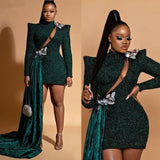 Dark Green South African Cocktail Dresses Sheath Long Sleeves Short Mini Sequins Elegant Party Homecoming Dresses