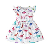 Dinosaur Print Girls Summer Dress Cotton Animal Applique Baby Kids Sho