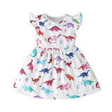 Dinosaur Print Girls Summer Dress Cotton Animal Applique Baby Kids Sho