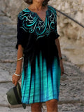 Half Sleeved V Neck Printed Loose Dress Women's Fashion Casual Vintage Spring Autumn All-match Plus Size Beach Dresses Vestidos