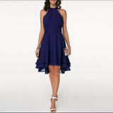 Summer Women Dress Elegant Cropped Layered High Waist Halter Sleeveless Midi Dress Solid Color Chiffon Party Slim Midi Dress