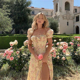 Summer Dress Women Short Puff Sleeve Flroal Printed Ruched Party High Split Long Maxi Dresses Drawstring Sexy Vestidos Sundress