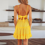 Summer Women Summer Dress Sexy Bow Backless V-neck Mini Beach Dresses Sleeveless Mini Ruffle White Summer Beach Dress
